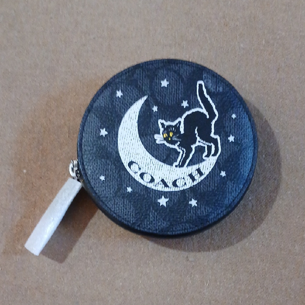 Coach Black Round Coin Purse with Cat and Moon